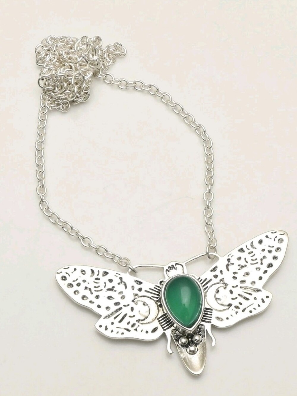 New 925 Silver Green Onyx Luna Moth Necklace.